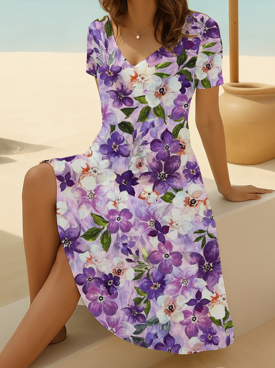 Damen Geblümt Kurzarm Sommer Print Kleid V-Ausschnitt Täglich Lässig Midi Passen & Flare Kleid A-Linien-Kleid