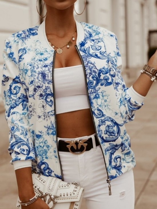 Damen Frühling/Herbst Oberbekleidung Retro Print Geblümt Langarm Stehkragen Jacke