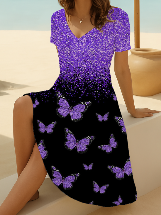 Damen Schmetterling Kurzarm Sommer Print Kleid V-Ausschnitt Täglich Lässig Midi Passen & Flare Kleid A-Linien-Kleid