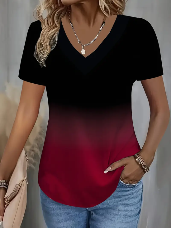 Damen Farbverlauf Kurzarm T-Shirts T-Shirt V-Ausschnitt Print Lässig Sommer T-Shirt mit Grafik Oberteile