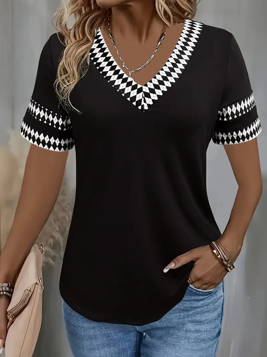 Damen Geometrisch Kurzarm T-Shirts T-Shirt V-Ausschnitt Print Lässig Sommer T-Shirt mit Grafik Oberteile