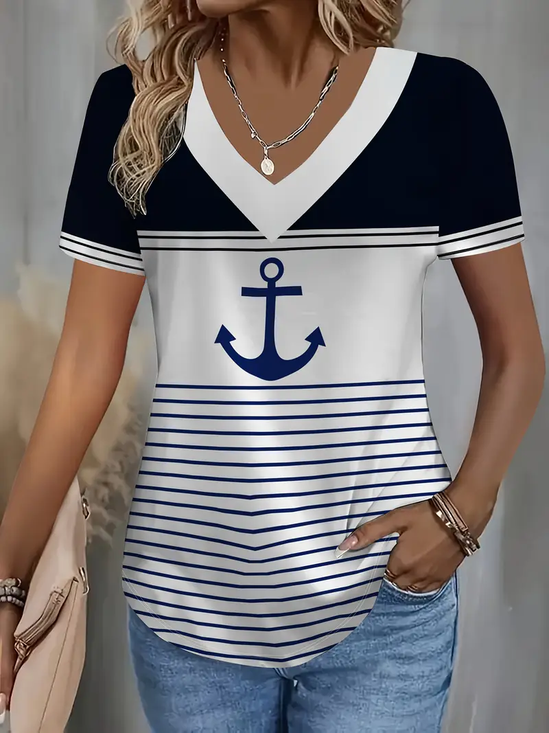 Damen Anker Kurzarm T-Shirts T-Shirt V-Ausschnitt Print Lässig Sommer T-Shirt mit Grafik Oberteile