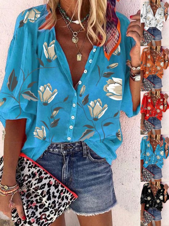 Damen Geblümt Dreiviertelärmel Bluse Frühling/Herbst Print Stehkragen Ballon-Ärmel Täglich Retro Oberteile
