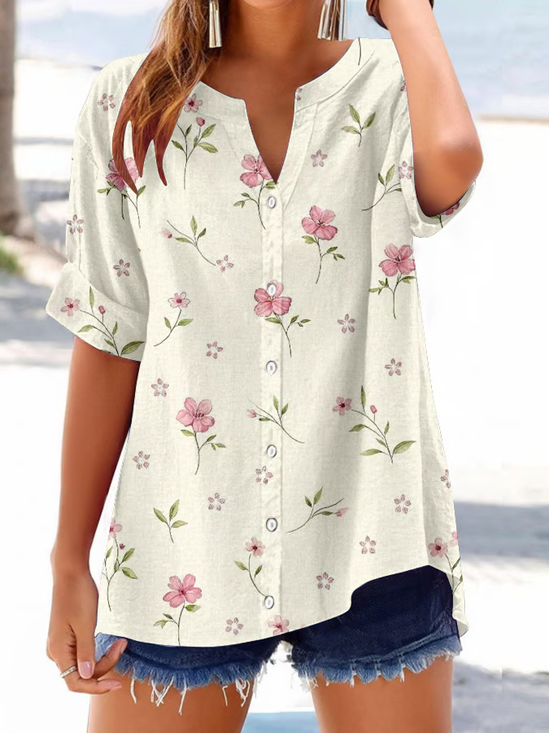 Damen Geblümt Kurzarm Bluse Sommer Print V-Ausschnitt Täglich Lässig Oberteile
