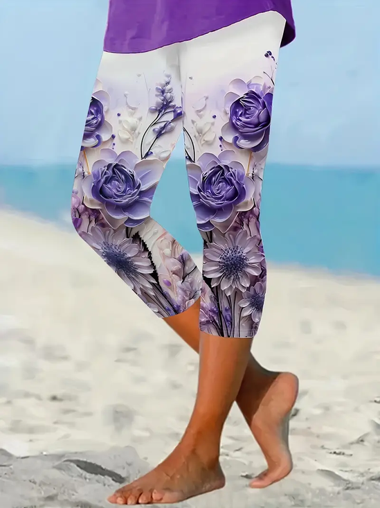Damen Geblümt Caprihosen Elastische Taille Hose Lässig Sommer Hose