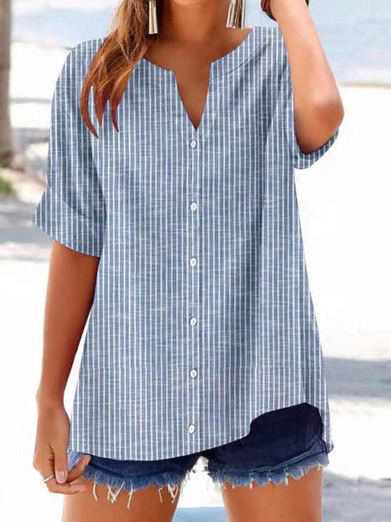 Damen Gestreift Kurzarm Bluse Sommer Print V-Ausschnitt Täglich Lässig Oberteile