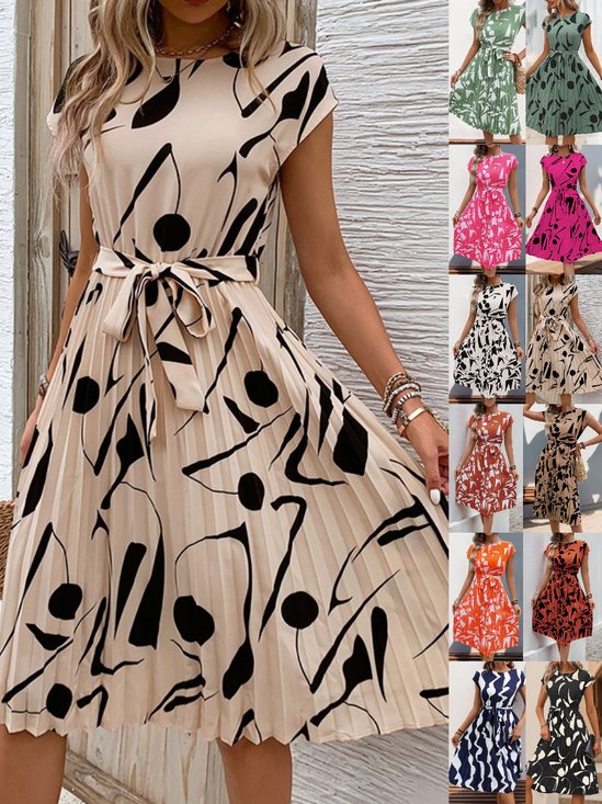 Damen Abstrakt Grafik Kurzarm Sommer Print Kleid V-Ausschnitt Täglich Retro Midi Tanktop A-Linien-Kleid