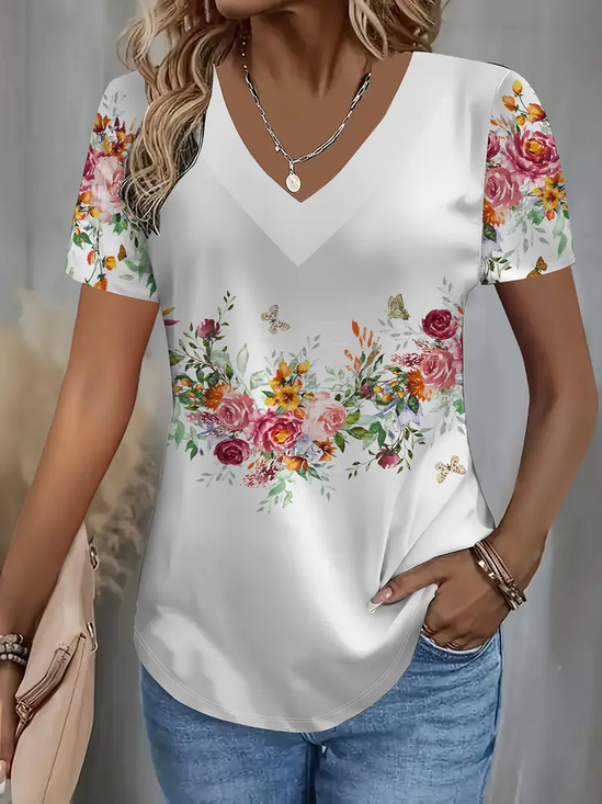 Damen Geblümt Kurzarm T-Shirts T-Shirt V-Ausschnitt Print Lässig Sommer T-Shirt mit Grafik Oberteile