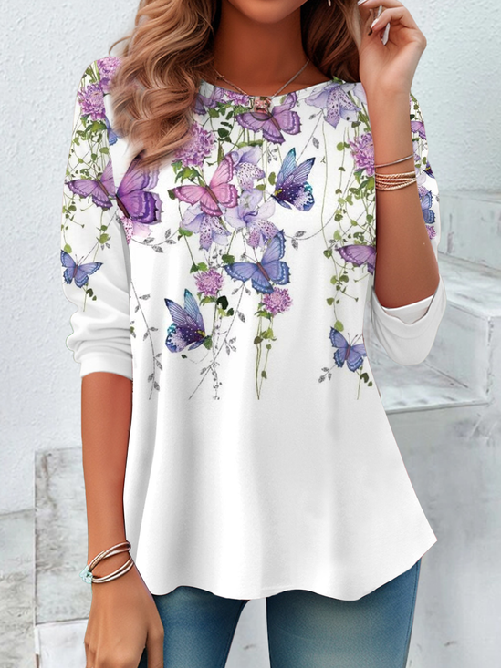 Damen Geblümt Langarm T-Shirts T-Shirt Rundhals Print Lässig Frühling/Herbst Tunika Oberteile