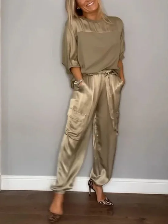 Damen Unifarben Taschennähen Zweiteiliges Set Täglich Halbarm Lässig Sommer Bluse mit Hose Matching Set