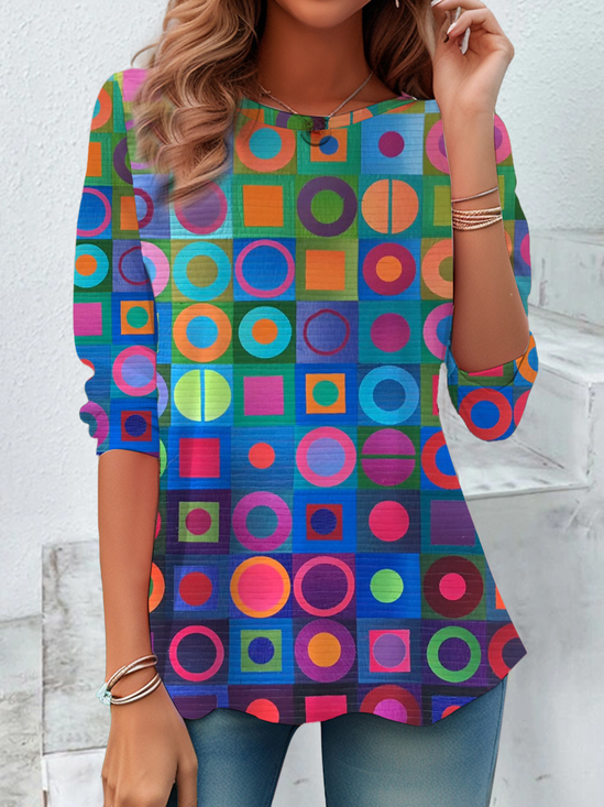 Damen Geometrisch Langarm T-Shirts T-Shirt Rundhals Print Lässig Frühling/Herbst Tunika Oberteile