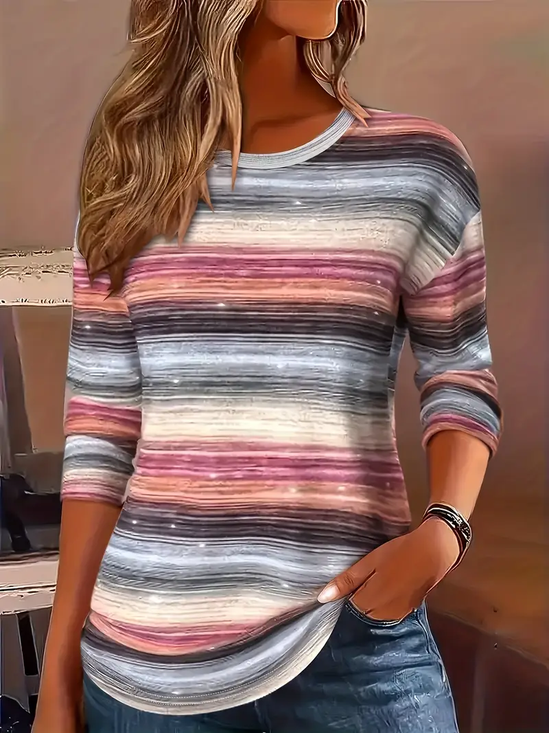 Damen Gestreift Langarm T-Shirts T-Shirt Rundhals Print Lässig Frühling/Herbst T-Shirt mit Grafik Oberteile
