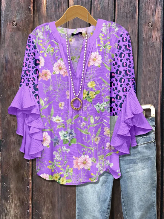 Damen Geblümt Halbarm Bluse Sommer Print V-Ausschnitt Täglich Lässig Oberteile