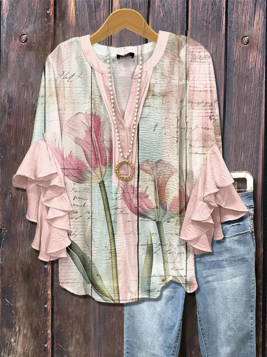Damen Geblümt Halbarm Bluse Sommer Print V-Ausschnitt Täglich Lässig Oberteile
