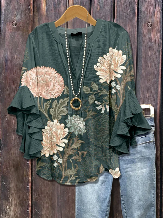 Damen Geblümt Halbarm Bluse Sommer Print V-Ausschnitt Täglich Lässig Oberteile