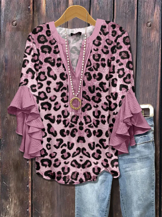 Damen Leopard Halbarm Bluse Sommer Print V-Ausschnitt Täglich Lässig Oberteile