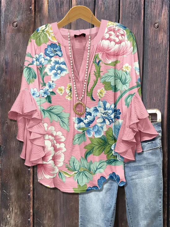 Damen Geblümt Halbarm Bluse Sommer Print V-Ausschnitt Täglich Lässig Oberteile