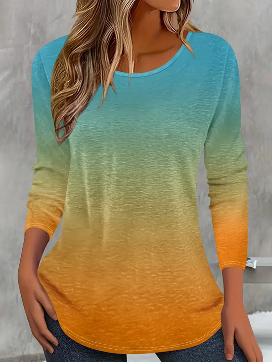 Damen Farbverlauf Langarm T-Shirts T-Shirt Rundhals Print Lässig Frühling/Herbst T-Shirt mit Grafik Oberteile