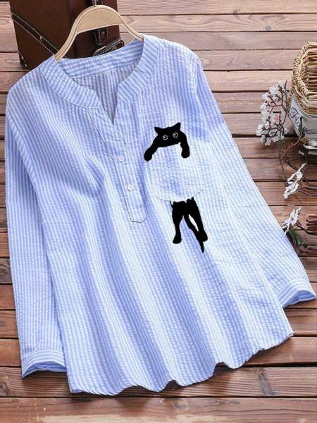 Damen Gestreift Langarm Bluse Frühling/Herbst Print V-Ausschnitt Täglich Retro Oberteile