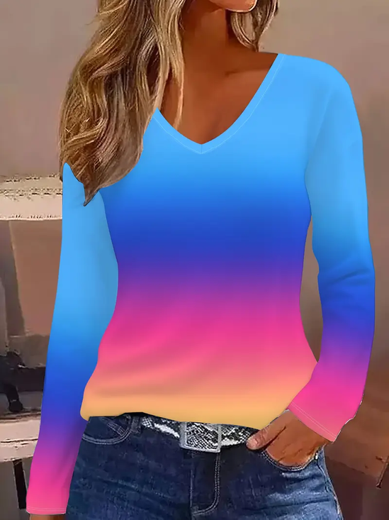 Damen Farbverlauf Langarm T-Shirts T-Shirt V-Ausschnitt Print Lässig Frühling/Herbst T-Shirt mit Grafik Oberteile
