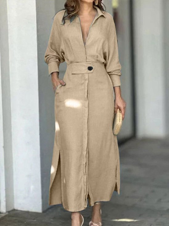 Damen Unifarben Langarm Frühling/Herbst Nahtverarbeitung Kleid V-Ausschnitt Täglich Retro Maxikleid Tanktop A-Linien-Kleid