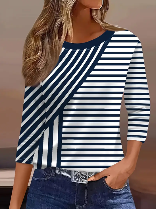 Damen Gestreift Dreiviertelärmel T-Shirts T-Shirt Rundhals Lässig Frühling/Herbst T-Shirt mit Grafik Oberteile