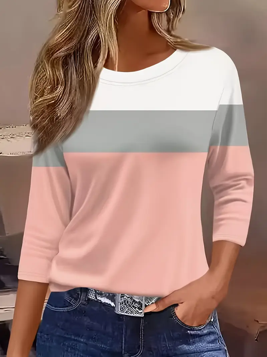 Damen Multifarben Block Dreiviertelärmel T-Shirts T-Shirt Rundhals Lässig Frühling/Herbst T-Shirt mit Grafik Oberteile
