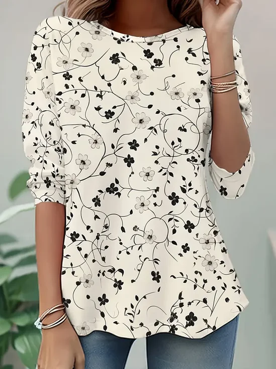 Damen Geblümt Langarm T-Shirts T-Shirt Rundhals Print Lässig Frühling/Herbst Tunika Oberteile