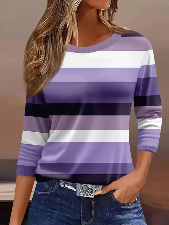 Damen Gestreift Dreiviertelärmel T-Shirts T-Shirt Rundhals Lässig Frühling/Herbst T-Shirt mit Grafik Oberteile