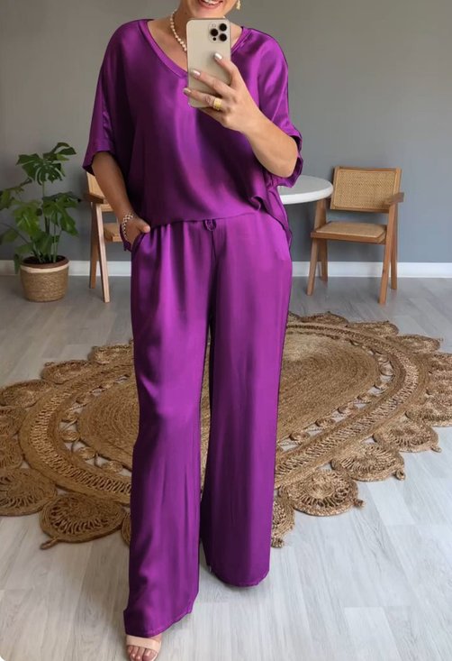 Damen Unifarben Nahtverarbeitung Zweiteiliges Set Täglich Halbarm Lässig Sommer Bluse mit Hose Matching Set