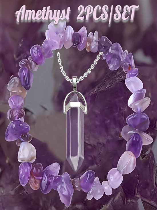 Naturstein Kies Kristall Damen Kette Armband Irregulär Klein Kies Amethyst Armband Elastisch Armband Halskette 2 Stück Set