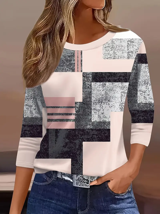 Damen Geometrisch Dreiviertelärmel T-Shirts T-Shirt Rundhals Lässig Frühling/Herbst T-Shirt mit Grafik Oberteile