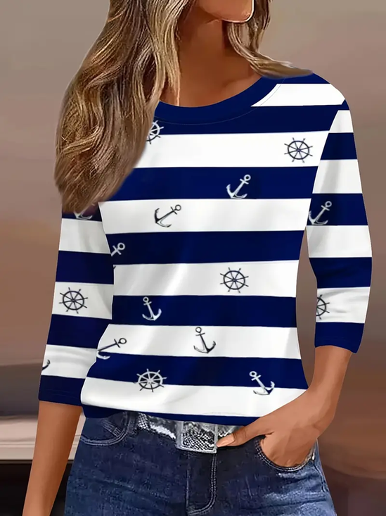 Damen Gestreift Dreiviertelärmel T-Shirts T-Shirt Rundhals Lässig Frühling/Herbst T-Shirt mit Grafik Oberteile