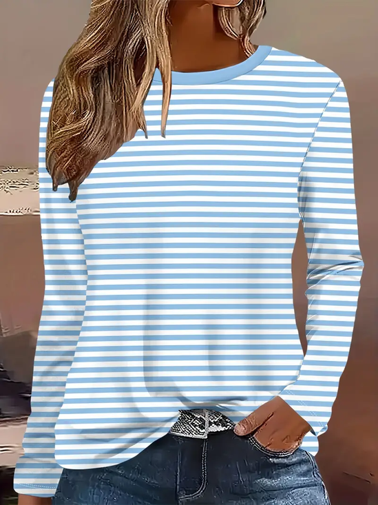 Damen Gestreift Langarm T-Shirts T-Shirt Rundhals Print Lässig Frühling/Herbst T-Shirt mit Grafik Oberteile