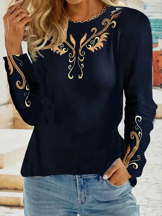 Damen Ethnisch Langarm T-Shirts T-Shirt Rundhals Print Lässig Frühling/Herbst T-Shirt mit Grafik Oberteile