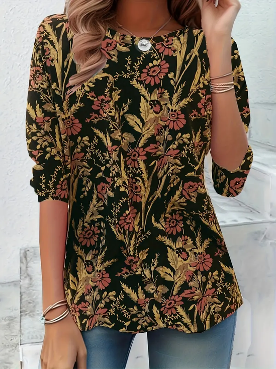 Damen Geblümt Langarm T-Shirts T-Shirt Rundhals Print Lässig Frühling/Herbst Tunika Oberteile