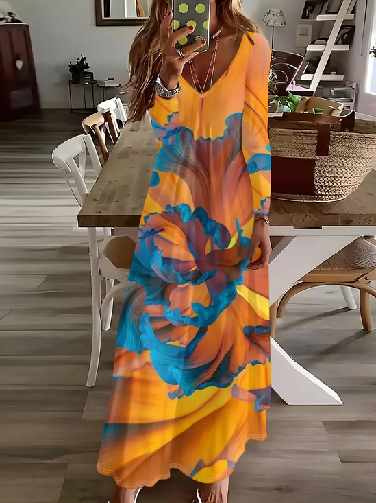 Damen Abstrakt Langarm Frühling/Herbst Print Kleid V-Ausschnitt Täglich Lässig Maxikleid H-Linie Kleid