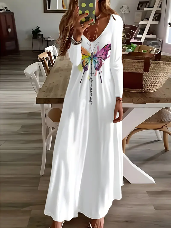 Damen Schmetterling Langarm Frühling/Herbst Print Kleid V-Ausschnitt Täglich Lässig Maxikleid H-Linie Kleid