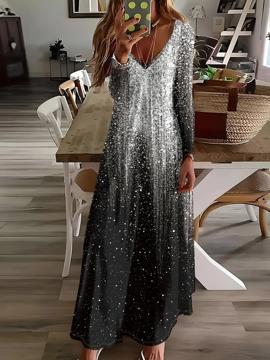 Damen Abstrakt Langarm Frühling/Herbst Print Kleid V-Ausschnitt Täglich Lässig Maxikleid H-Linie Kleid