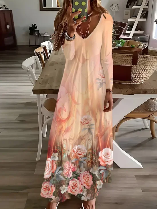 Damen Geblümt Langarm Frühling/Herbst Print Kleid V-Ausschnitt Täglich Lässig Maxikleid H-Linie Kleid