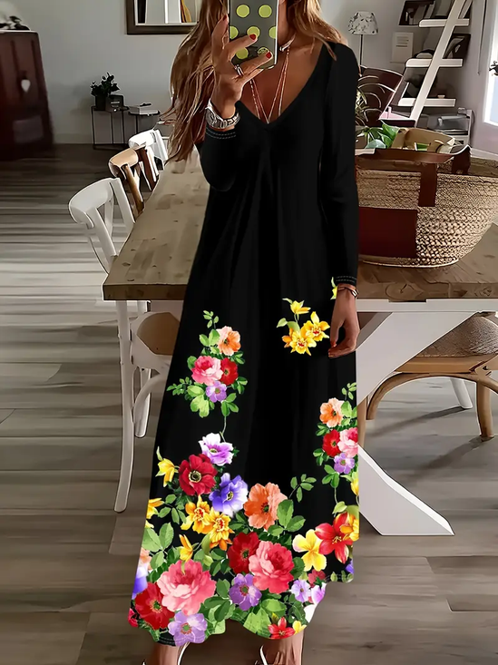 Damen Abstrakt Langarm Frühling/Herbst Print Kleid V-Ausschnitt Täglich Lässig Maxikleid H-Linie Kleid