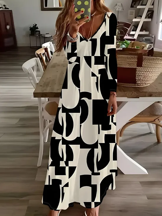 Damen Abstrakt Langarm Frühling/Herbst Print Kleid V-Ausschnitt Täglich Lässig Maxikleid H-Linie Kleid