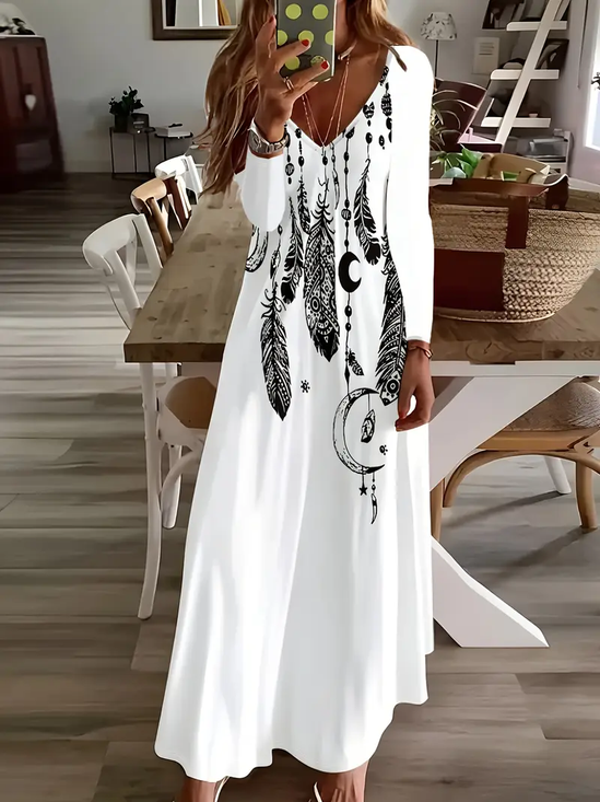 Damen Ethnisch Langarm Frühling/Herbst Print Kleid V-Ausschnitt Täglich Lässig Maxikleid H-Linie Kleid