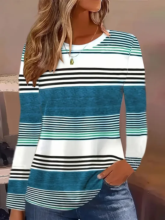 Damen Gestreift Langarm T-Shirts T-Shirt Rundhals Print Lässig Frühling/Herbst T-Shirt mit Grafik Oberteile