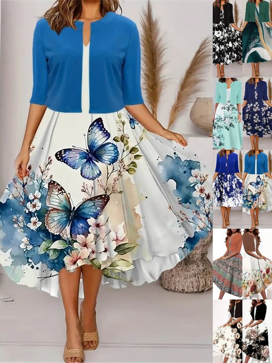 Damen Geblümt Print Zweiteiliges Set Täglich Kurzarm Lässig Sommer Mantel mit Rock Matching Set
