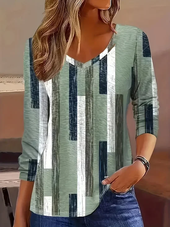Damen Geometrisch Langarm T-Shirts T-Shirt V-Ausschnitt Print Lässig Frühling/Herbst T-Shirt mit Grafik Oberteile