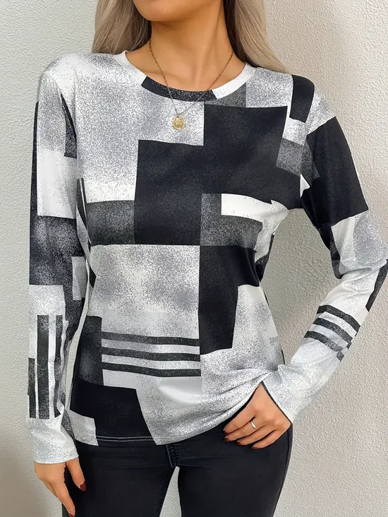 Damen Abstrakt Langarm T-Shirts T-Shirt Rundhals Print Lässig Frühling/Herbst T-Shirt mit Grafik Oberteile