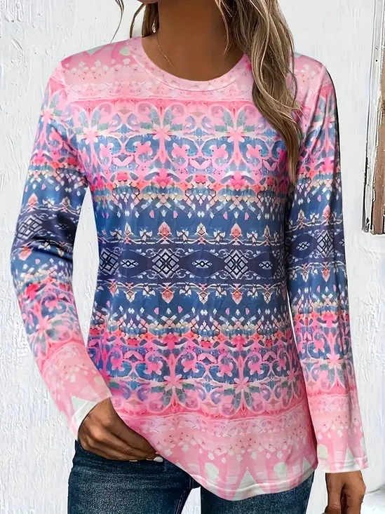 Damen Geblümt Langarm T-Shirts T-Shirt Rundhals Print Lässig Frühling/Herbst T-Shirt mit Grafik Oberteile