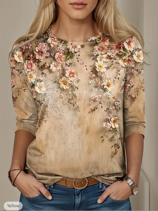 Damen Geblümt Langarm T-Shirts T-Shirt Rundhals Print Lässig Frühling/Herbst T-Shirt mit Grafik Oberteile