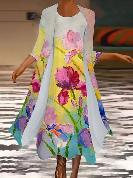 Damen Geblümt Print Zweiteiliges Set Täglich Dreiviertelärmel Lässig Frühling/Herbst Mantel mit Rock Matching Set